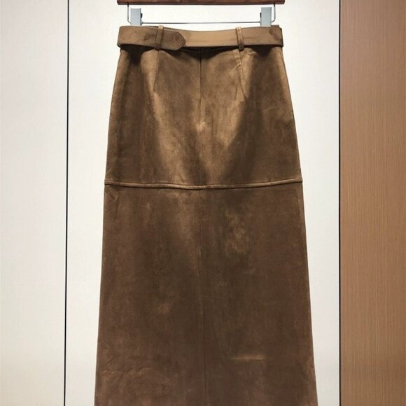 Cowhide Velvet Suede Belted Front Slit Midi Skirt - Picture 3 of 9